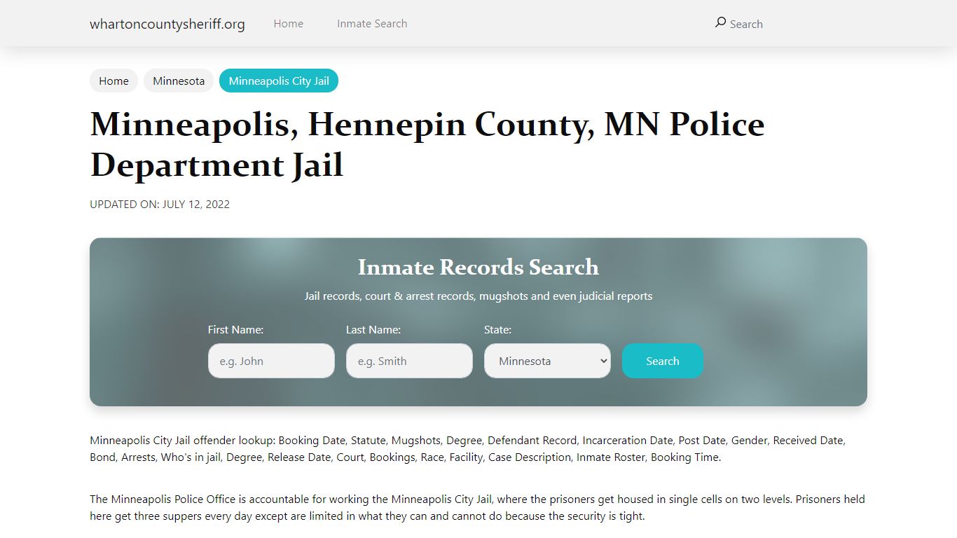 Minneapolis, MN City Jail Inmates, Arrests - Wharton County Sheriff